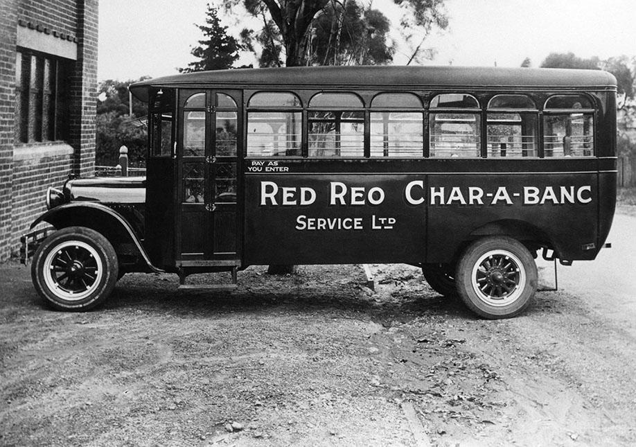 Red Reo Char-A-Banc Service Bus