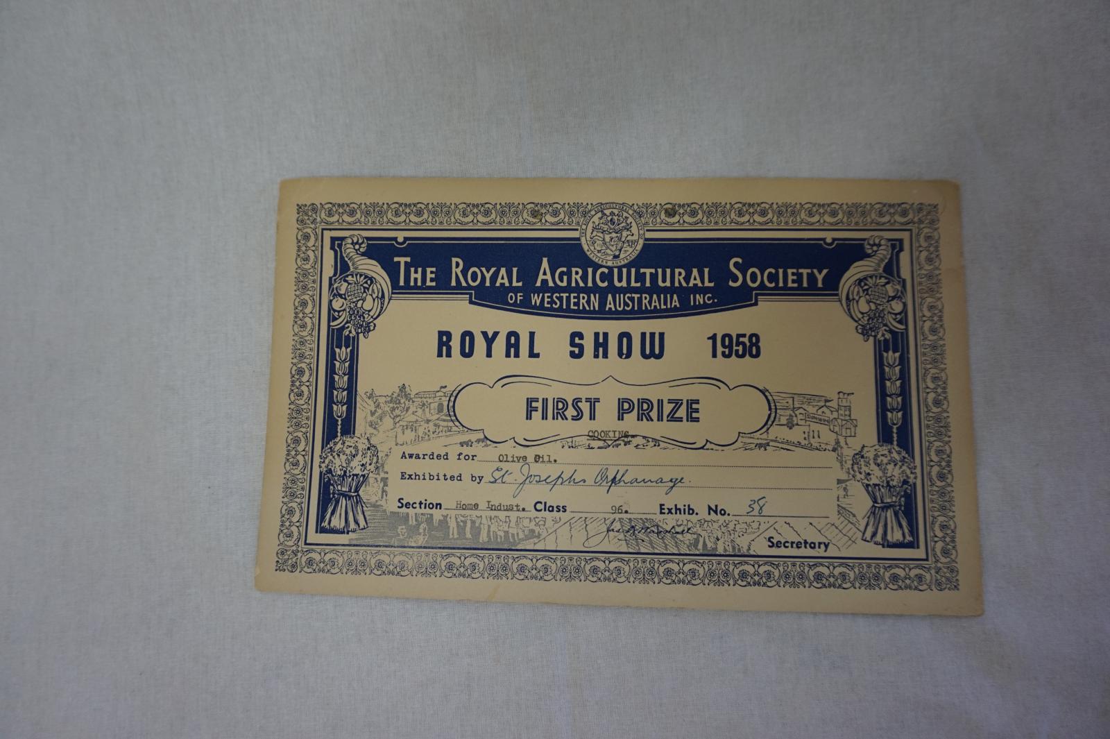 Royal Agricultural Society Certificate 1958