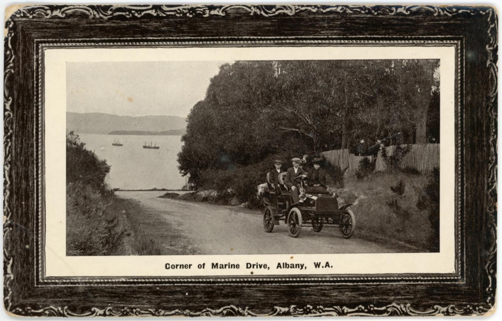 Black and white photographic postcard of Marine Drive, Albany, Western Australia