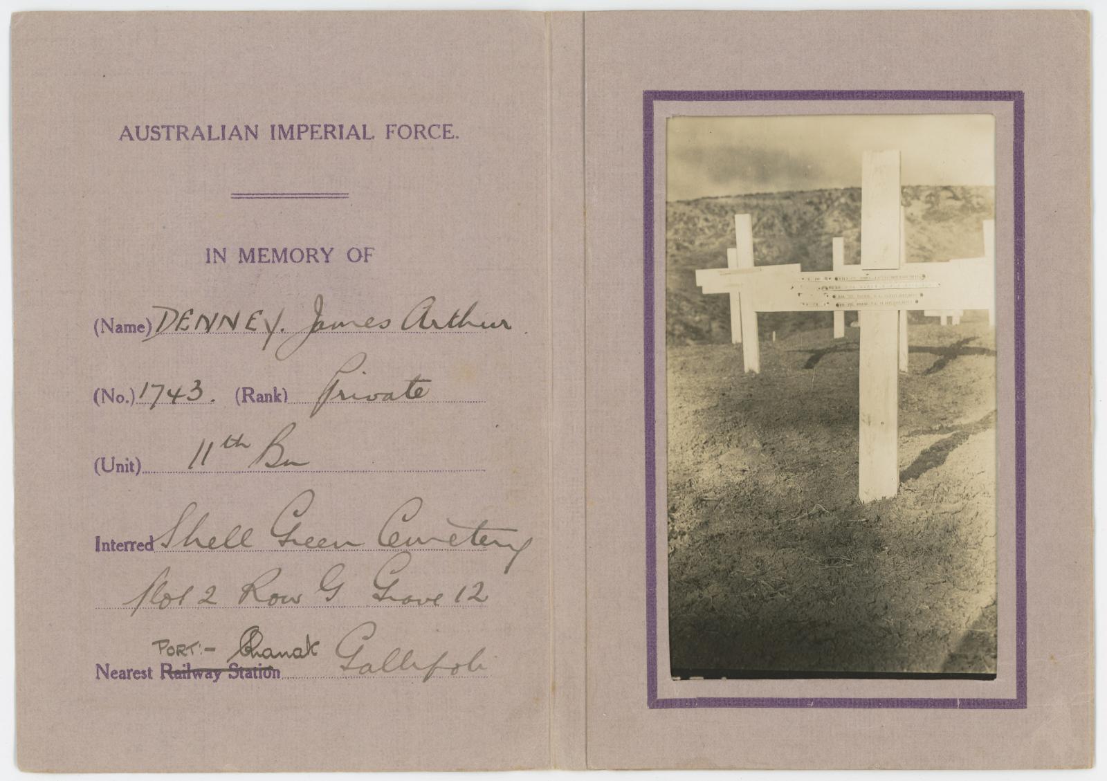 AIF Photograph Folder for Private James Arthur DENNEY, 1743 (inside view), with B&W photographic postcard of his gravesite.