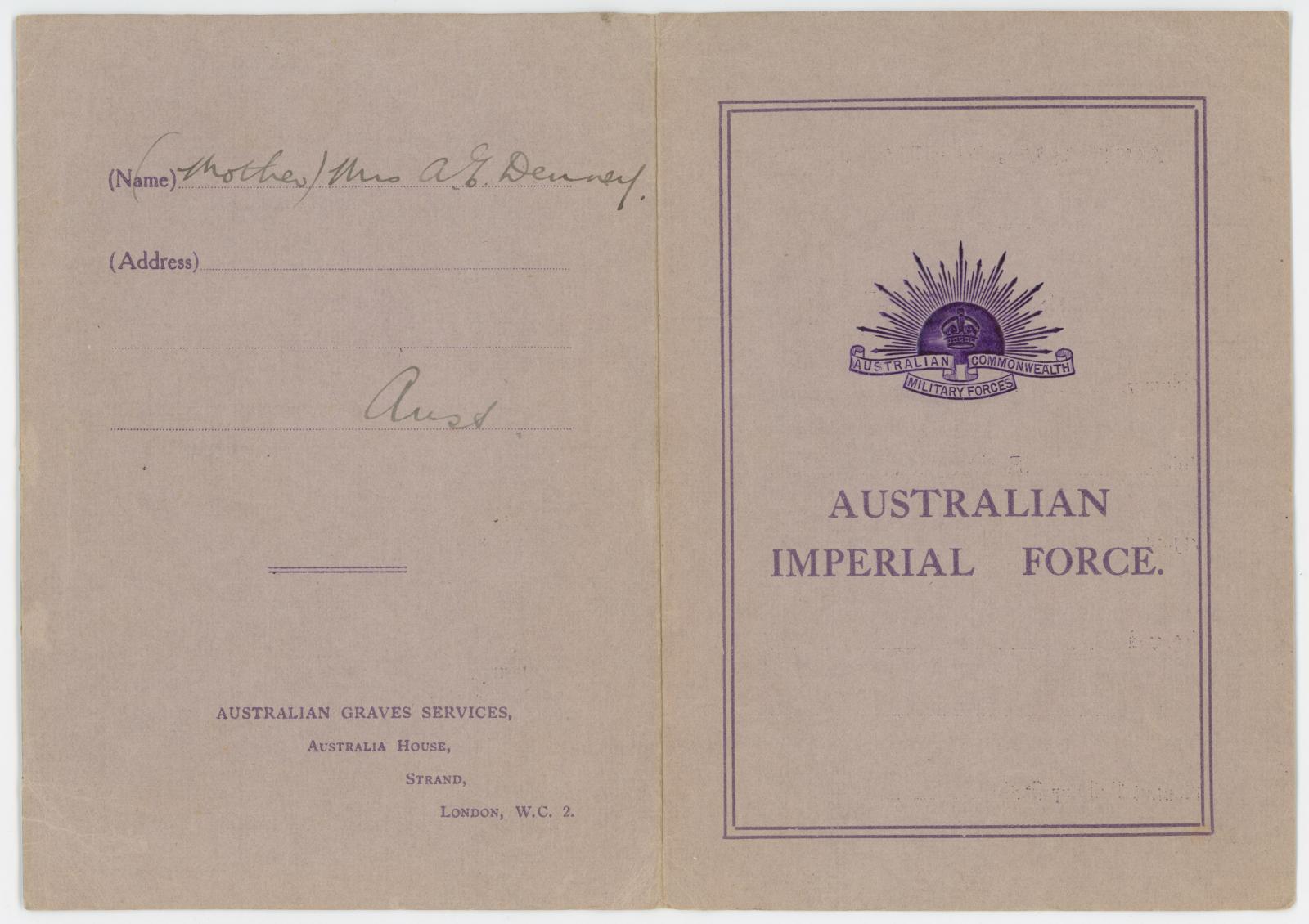 AIF Photograph Folder for Private James Arthur DENNEY, 1743 (outside view)