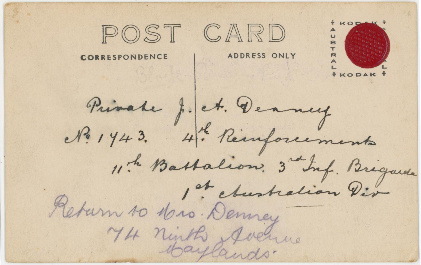 Handwriting on rear of photographic postcard showing Pte. James Arthur DENNEY at Blackboy Hill.