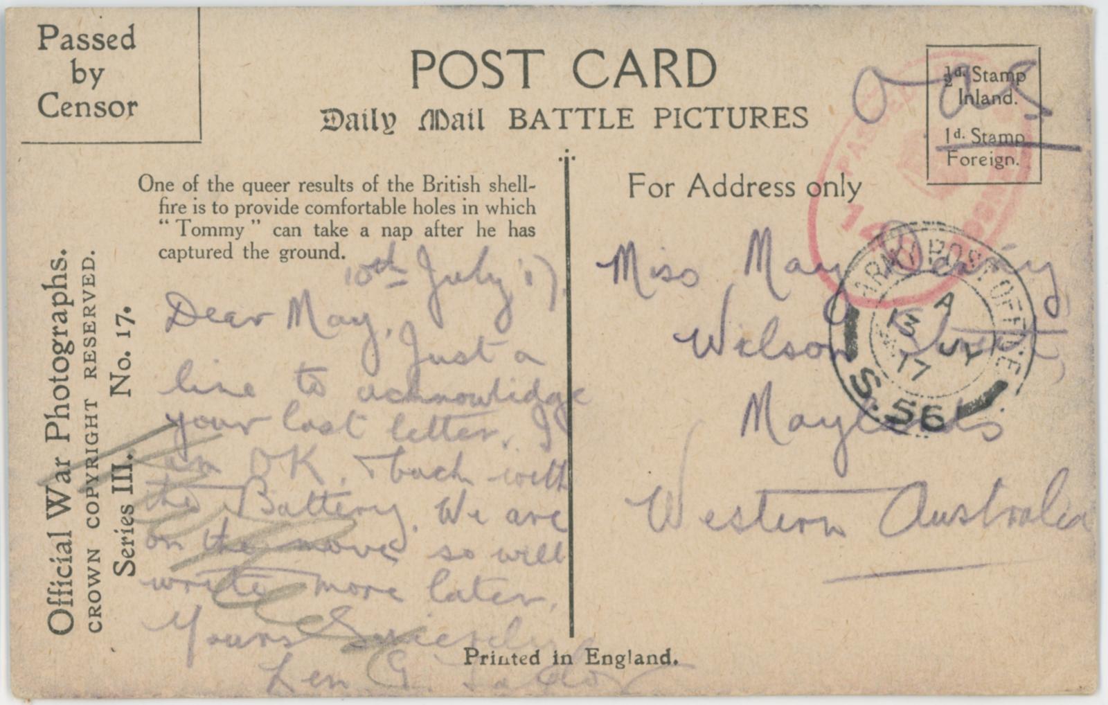 Rear view of postcard with handwritten message.