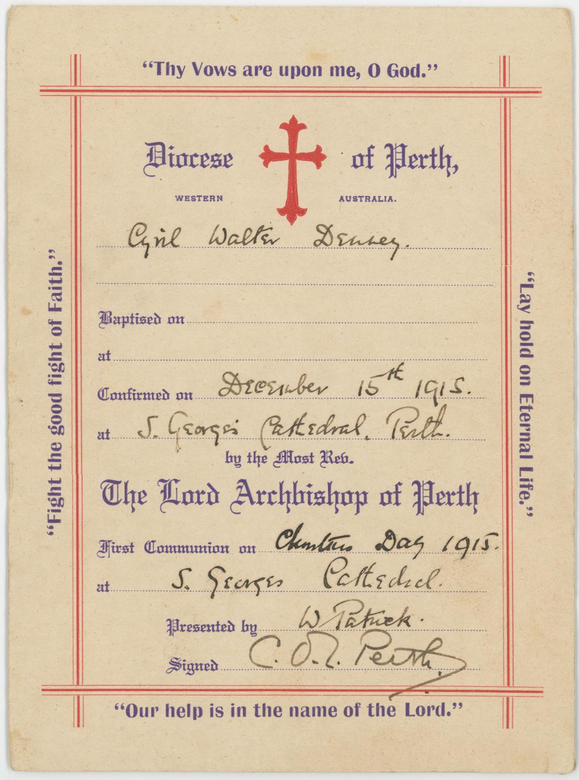 “Diocese of Perth” First Communion Card for Cyril Walter 