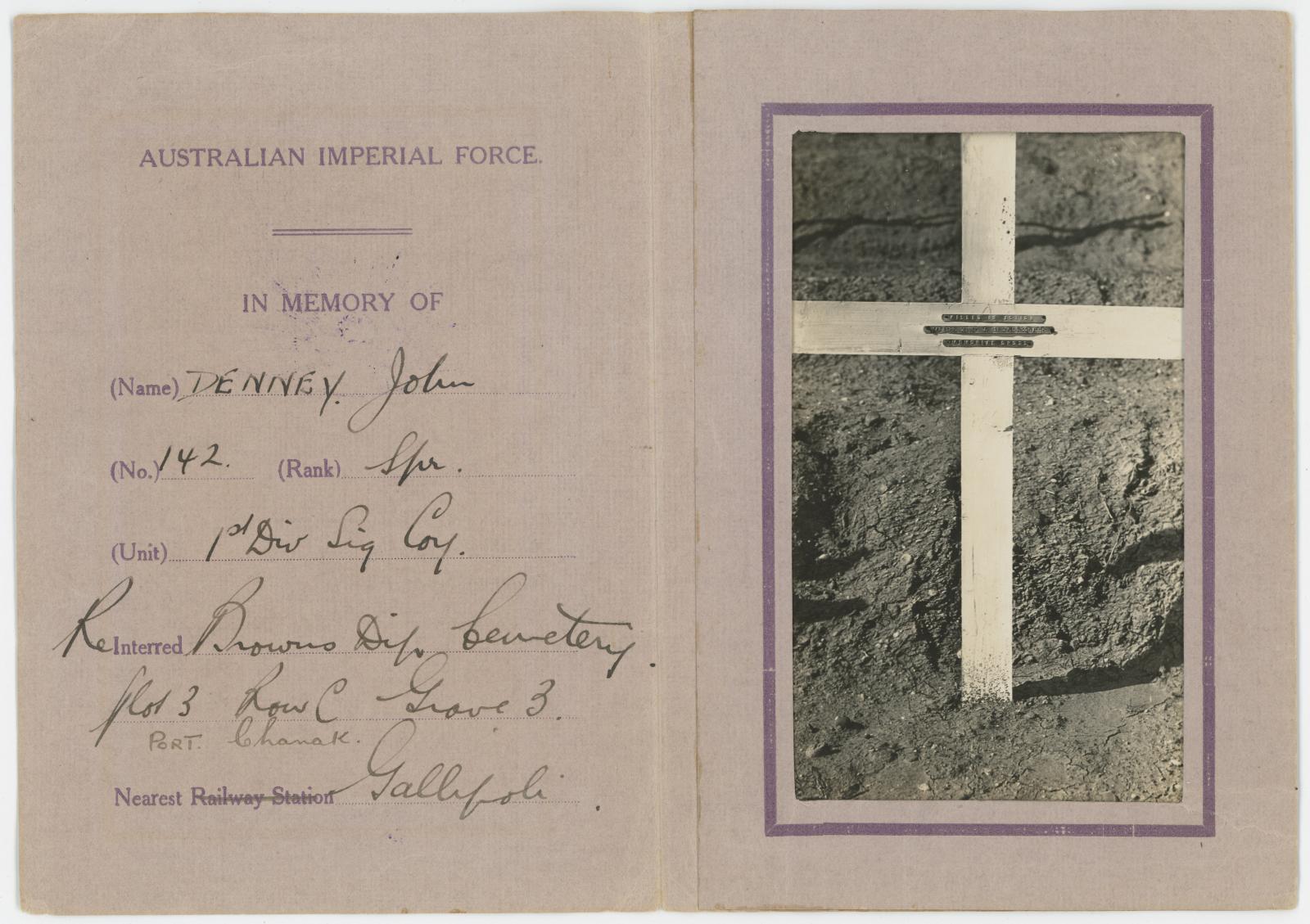 AIF Photograph Folder, Spr John DENNEY, 142 with B&W photograph of his gravesite, (inside view).