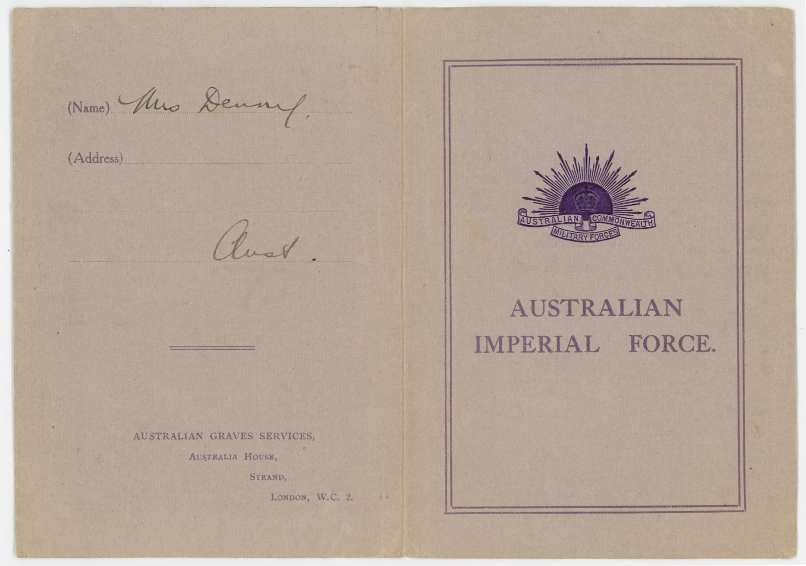 AIF Photograph Folder, Spr John DENNEY, 142 with B&W photograph of his gravesite, (outside view).