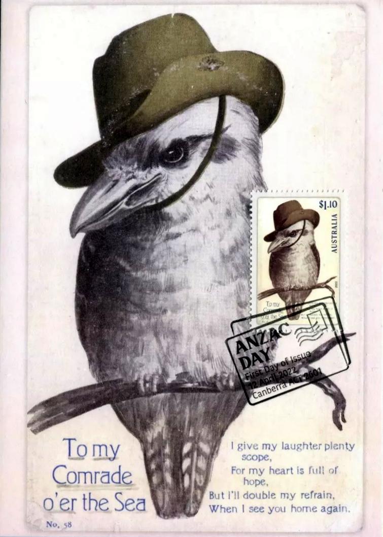 Reproduction of Valentine postcard featuring kookaburra wearing a slouch hat