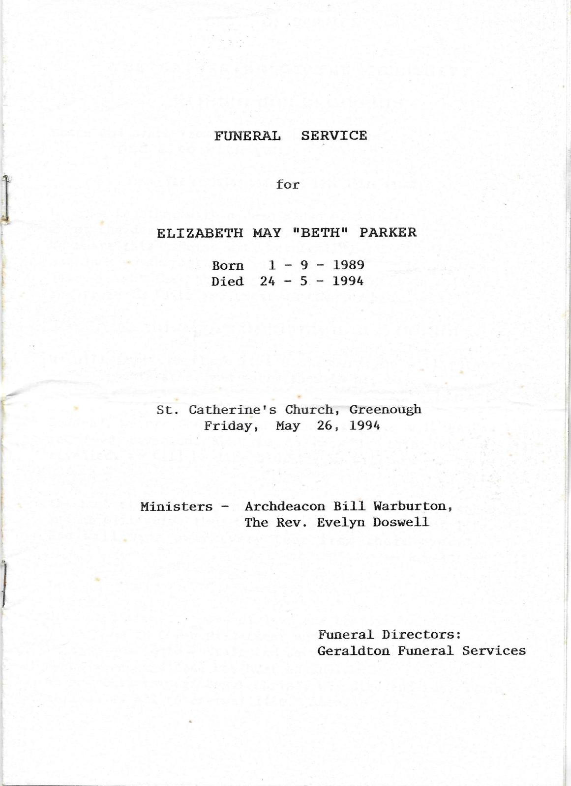 Funeral Service programme for Elizabeth (Beth) May Parker