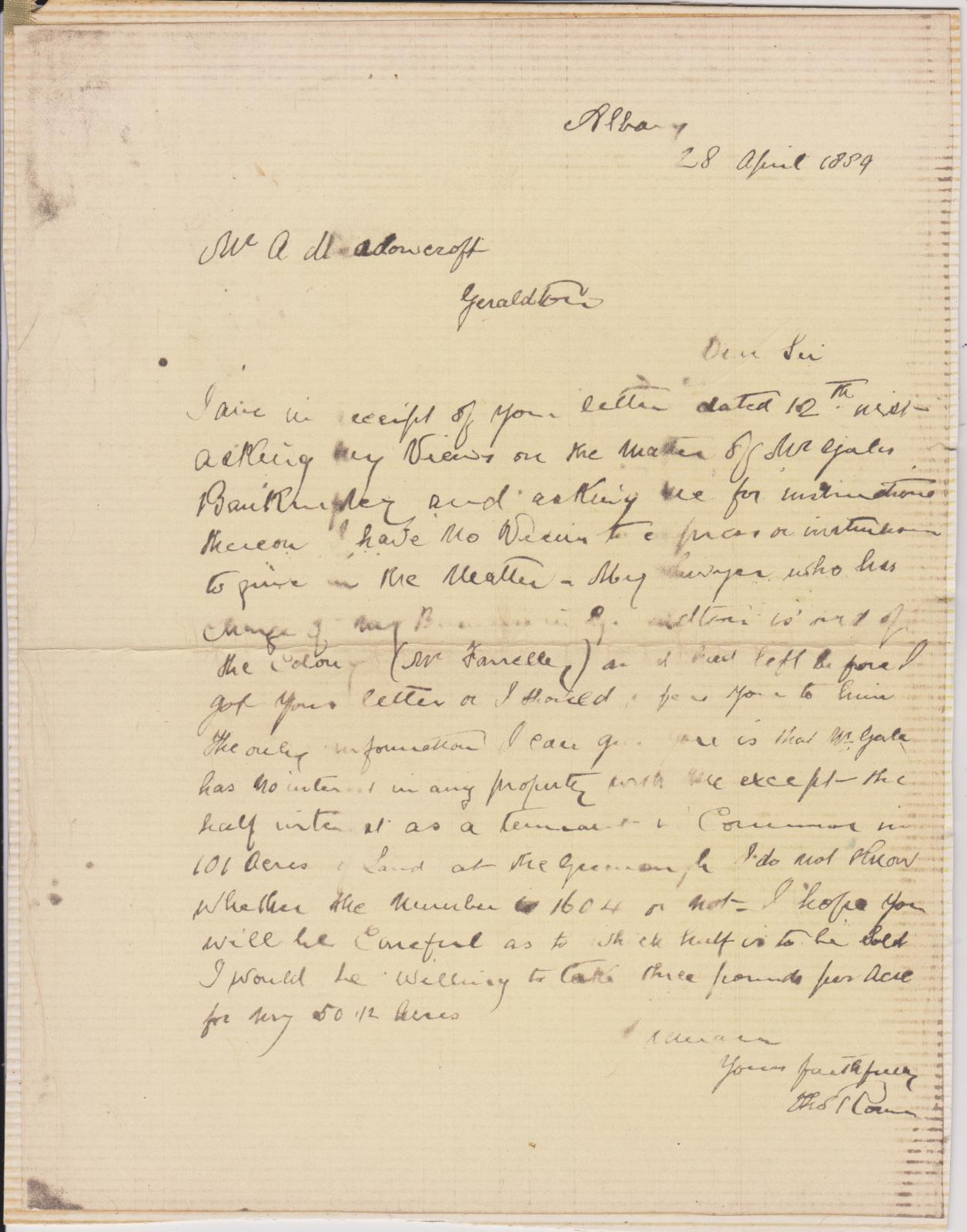 Letter from Thomas Cowan to Arnold Meadowcroft