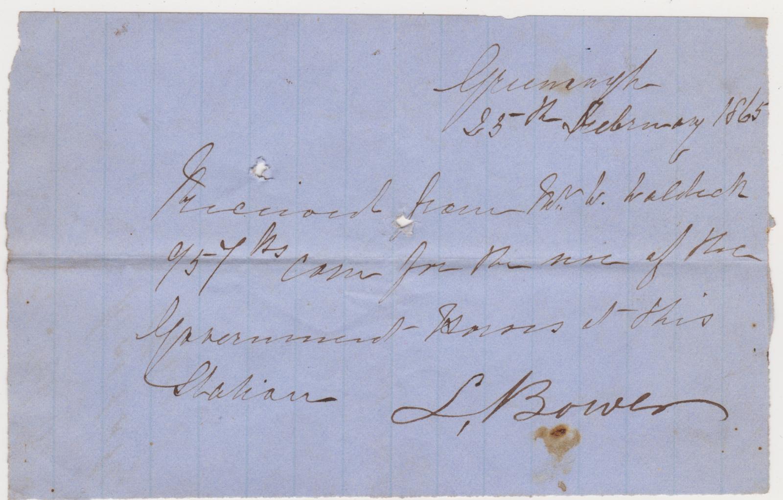 Receipt for corn from L. Bower