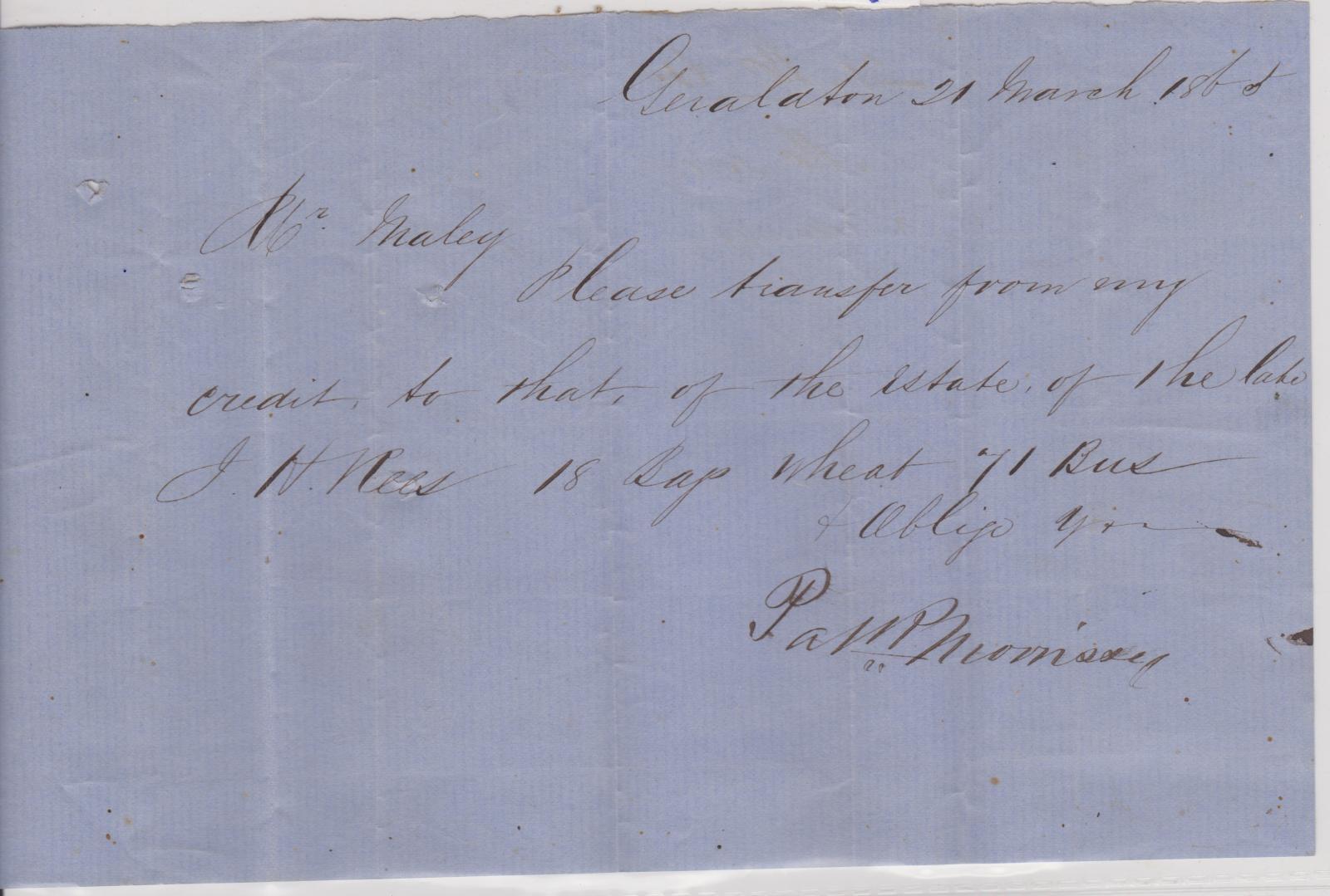 Transfer of wheat note from P. Morrissey