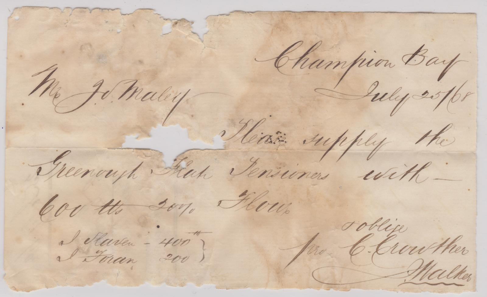 Order for flour for the Greenough Flats Pensioners