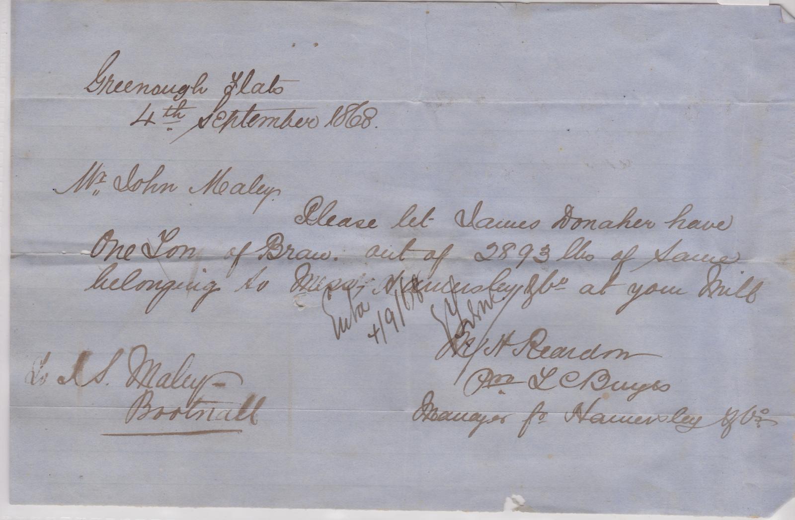 Letter re transfer of bran from Hamersley & Co