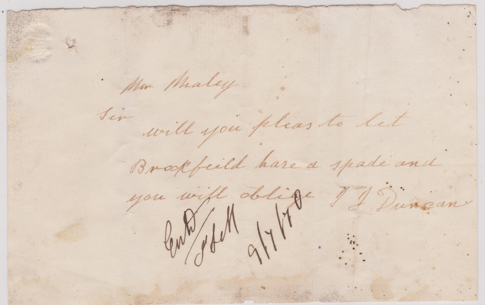Order for a spade from Isabella Duncan