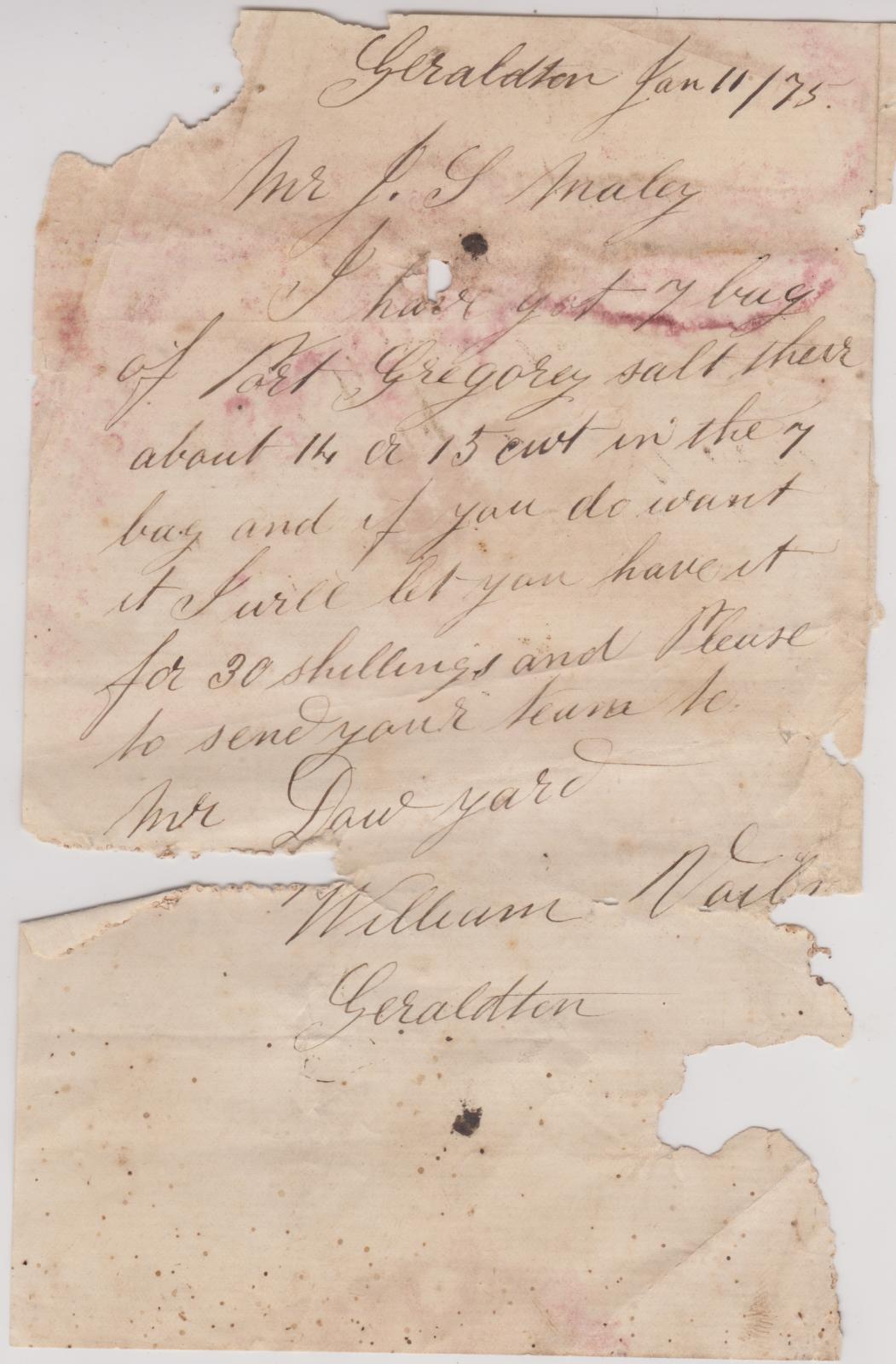 Letter re salt for sale from William Voiles