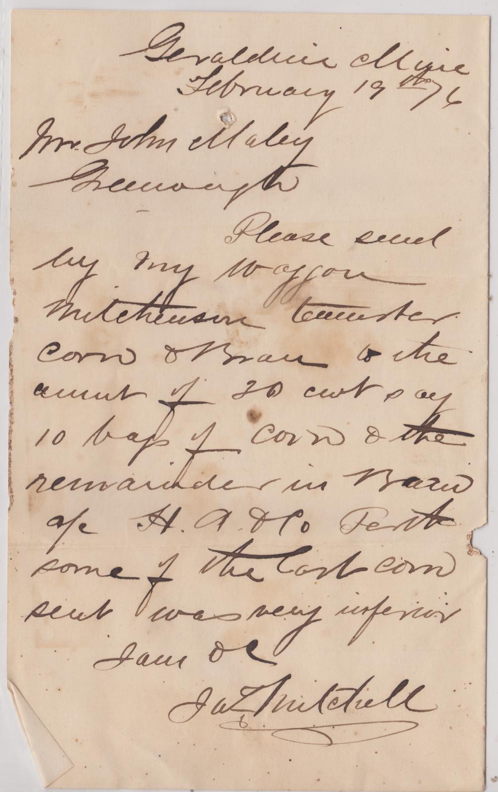Order for corn & bran for the Geraldine Mine