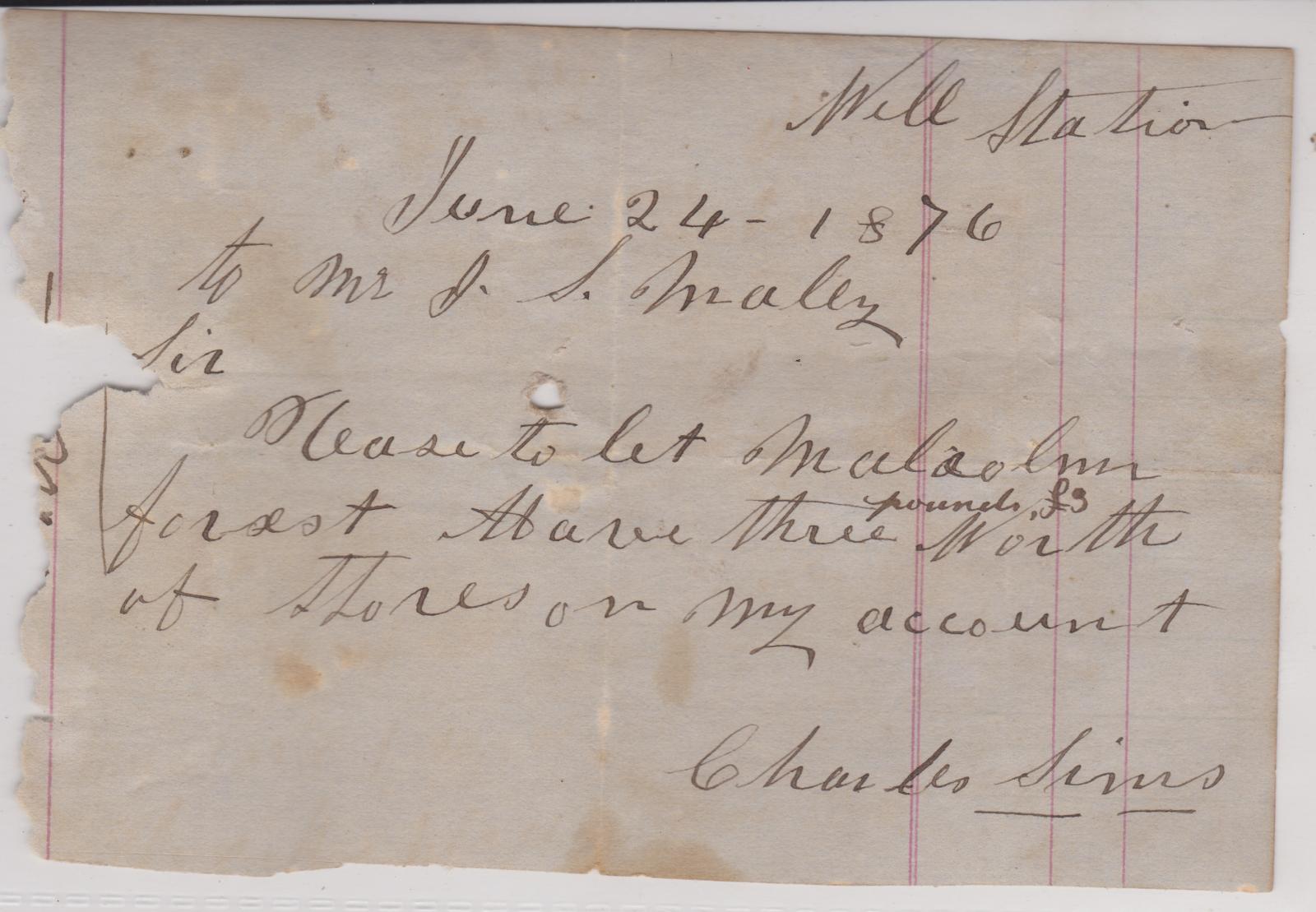 Promissory note made out for Malcolm Forrest