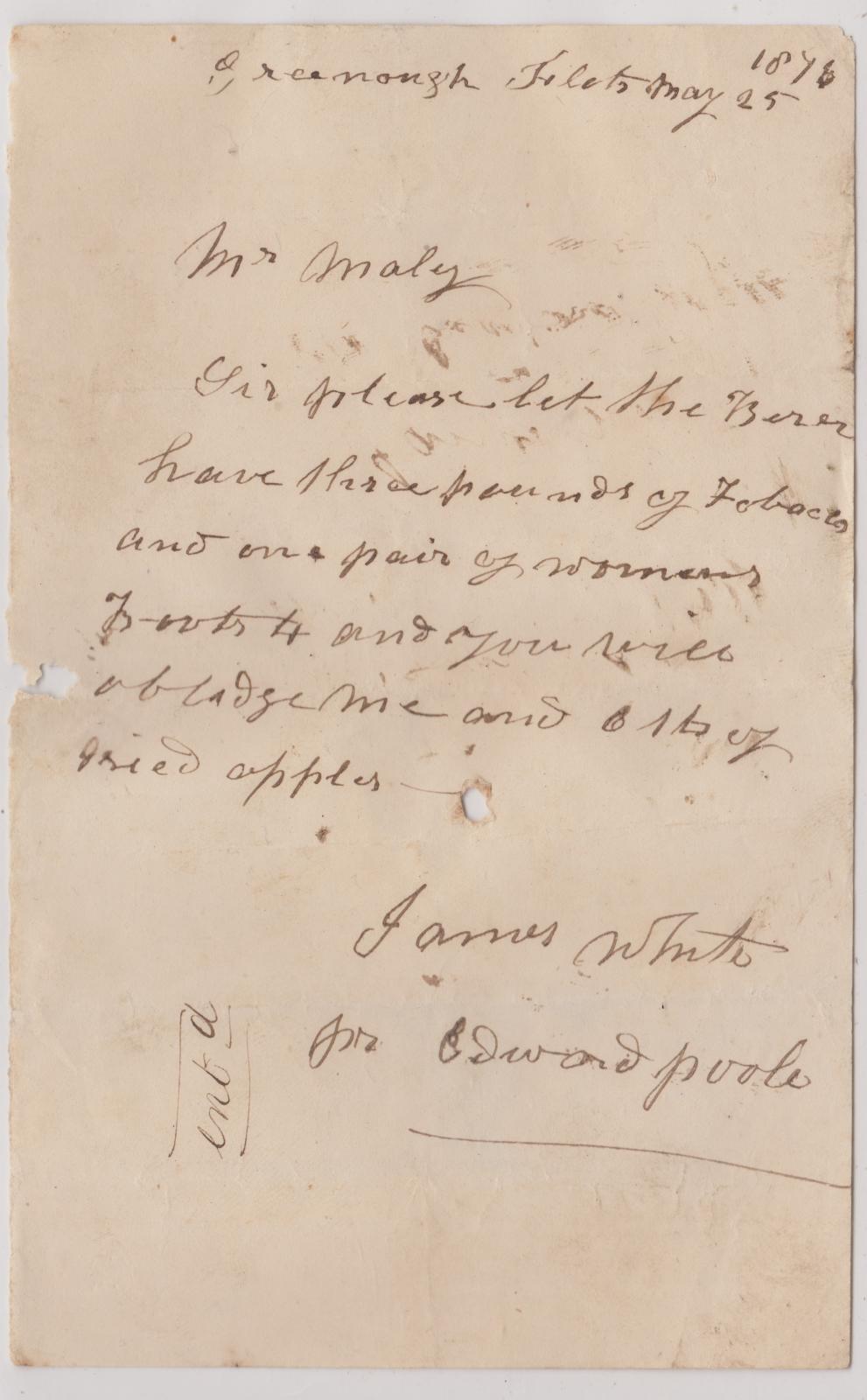 Store order written by James White for Edward Poole