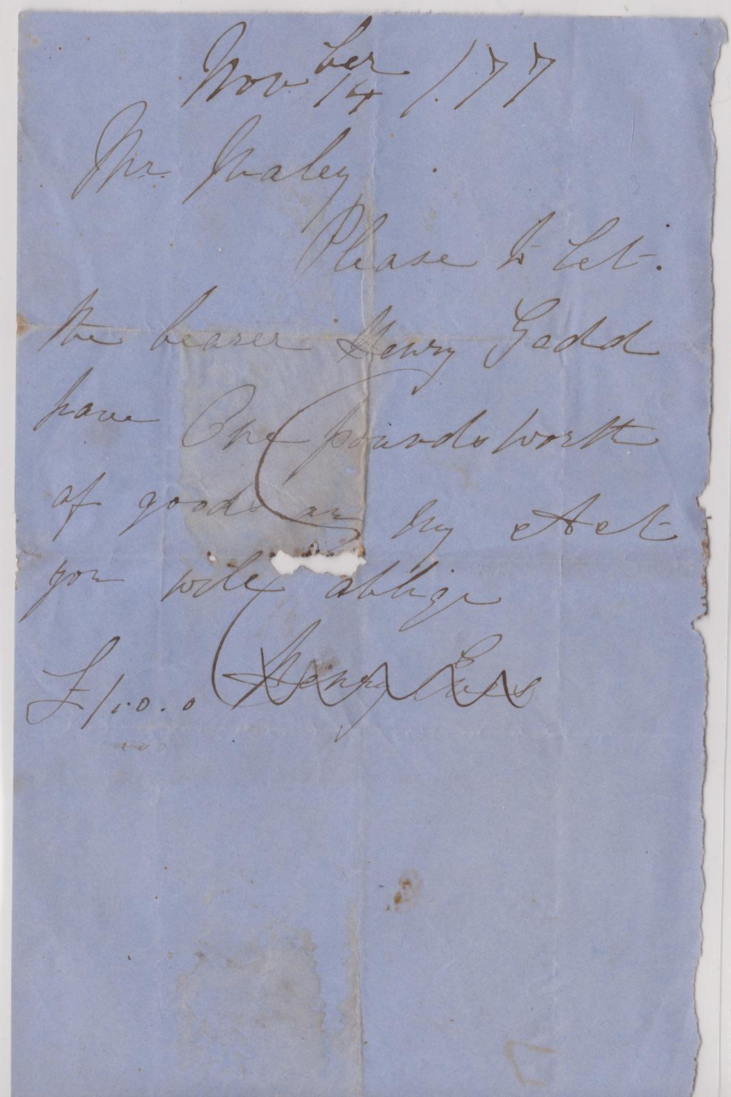Promissory note for Henry Gadd from Henry Eves