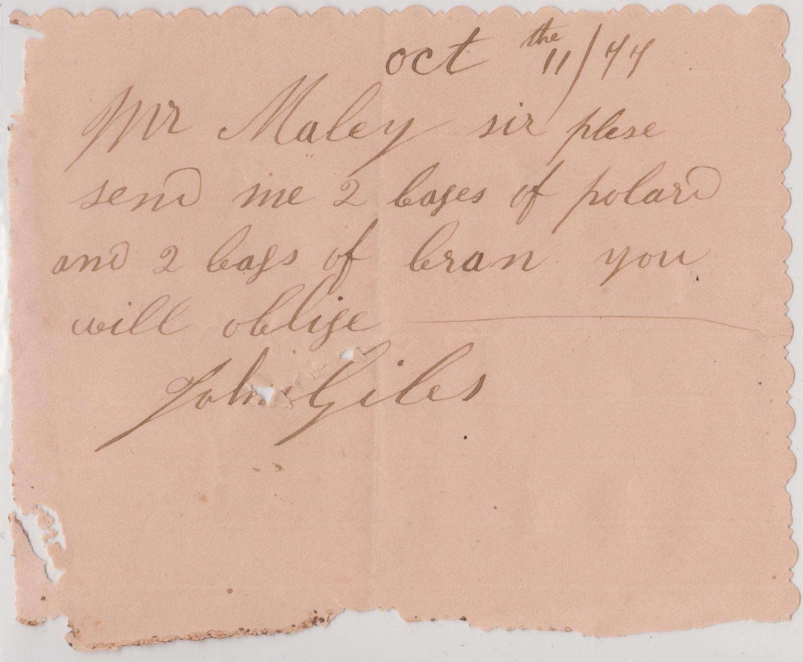 Mill order from John Giles