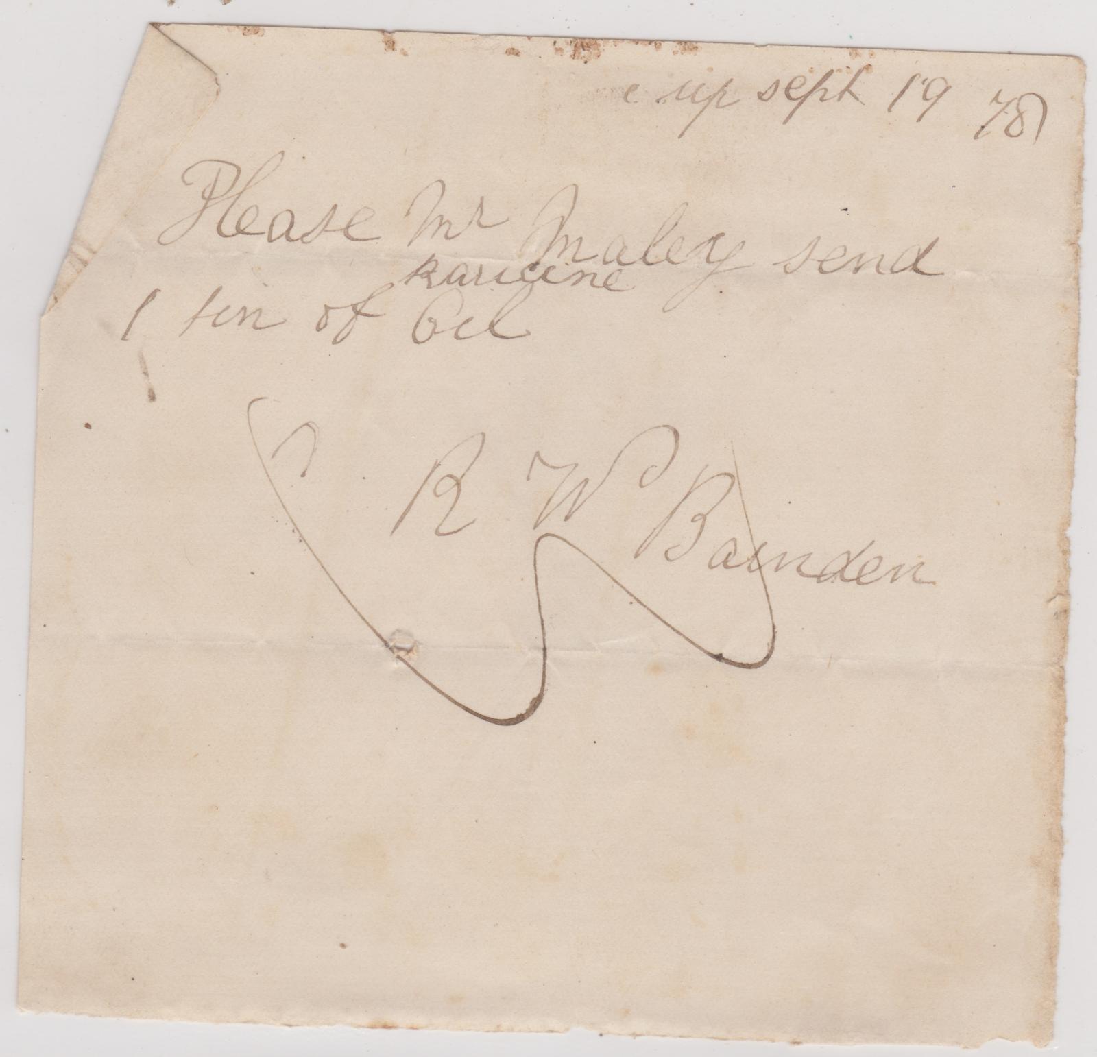 Order for kerosene from R.W. Bardon