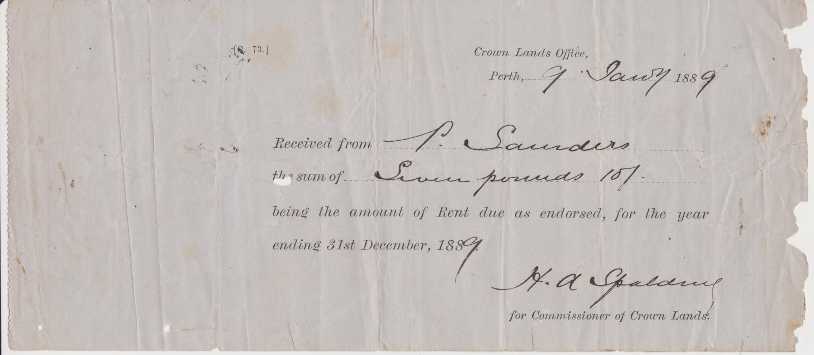 Rent receipt from Crown Lands Department