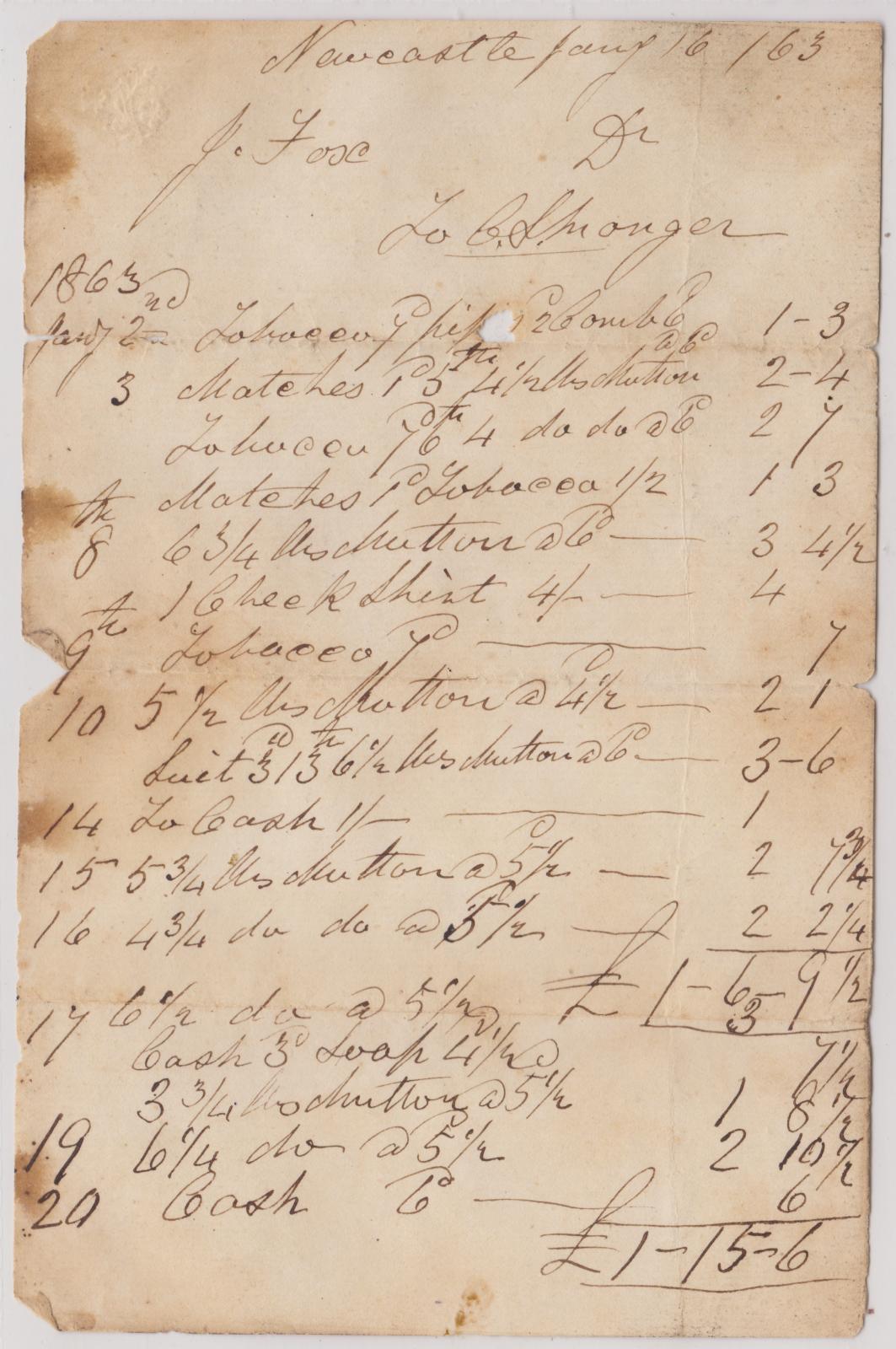Invoice from C.S. Monger for J. Fox