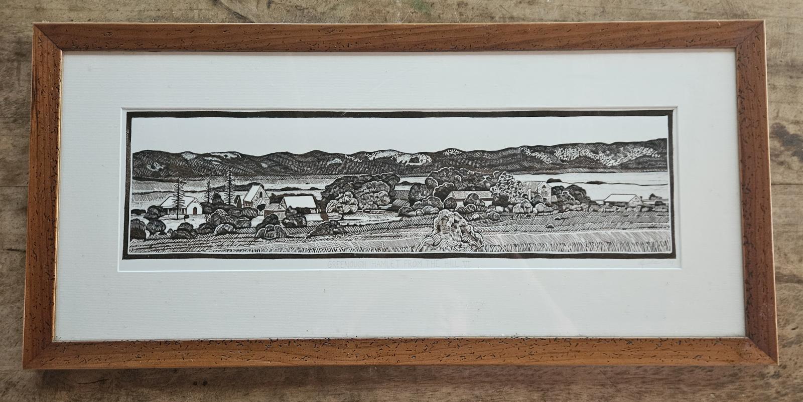 Framed linocut "Greenough Hamlet from the hill VI"