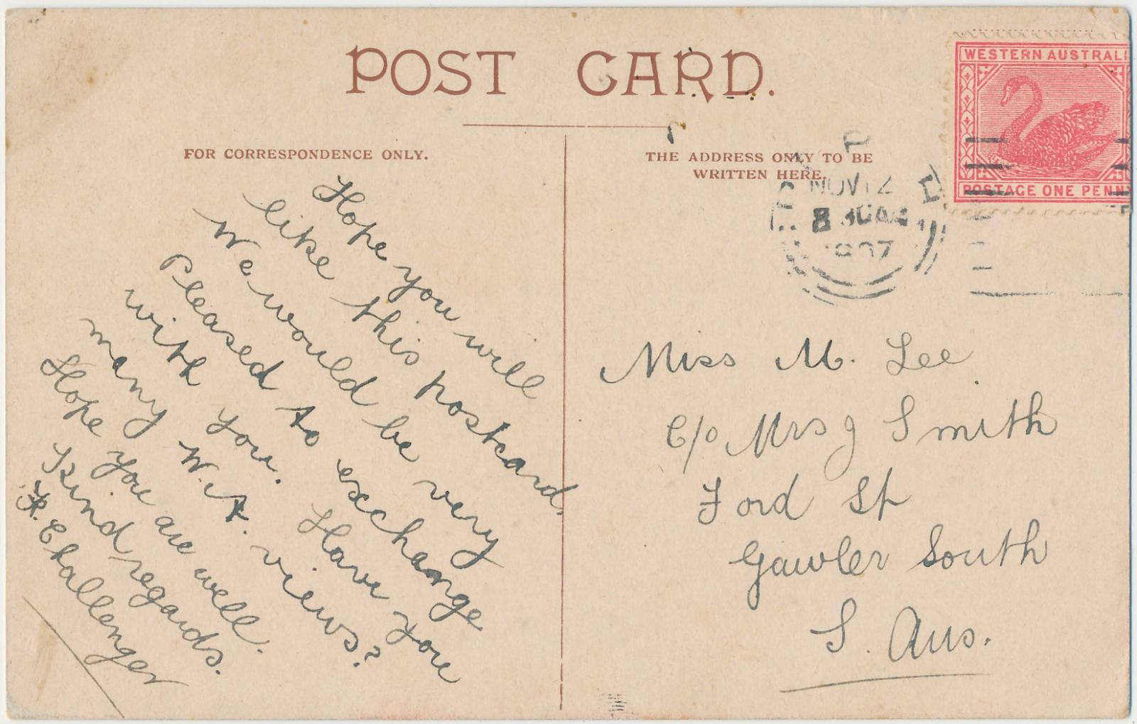 Back of postcard of Mundaring Weir