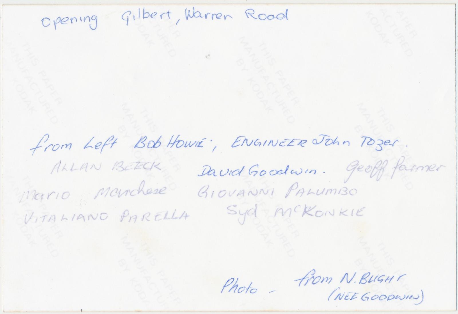 Back of photograph of Opening of Gilbert, Warren Road