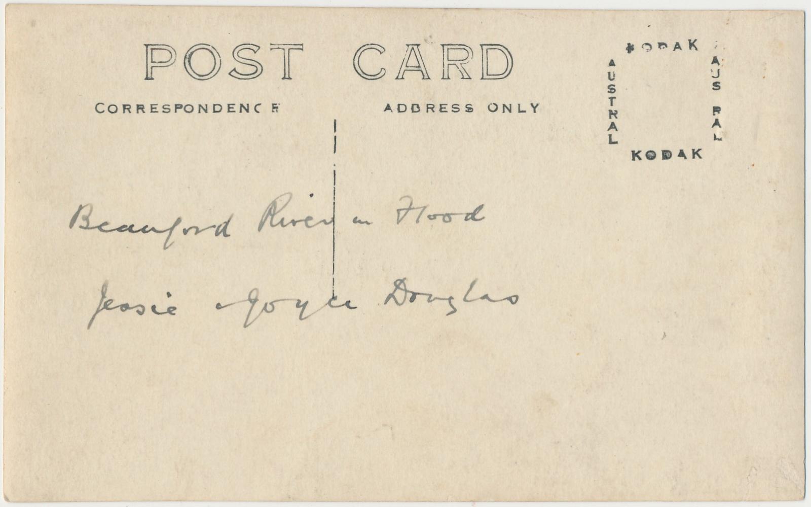 Back of postcard of Beaufort River in Flood