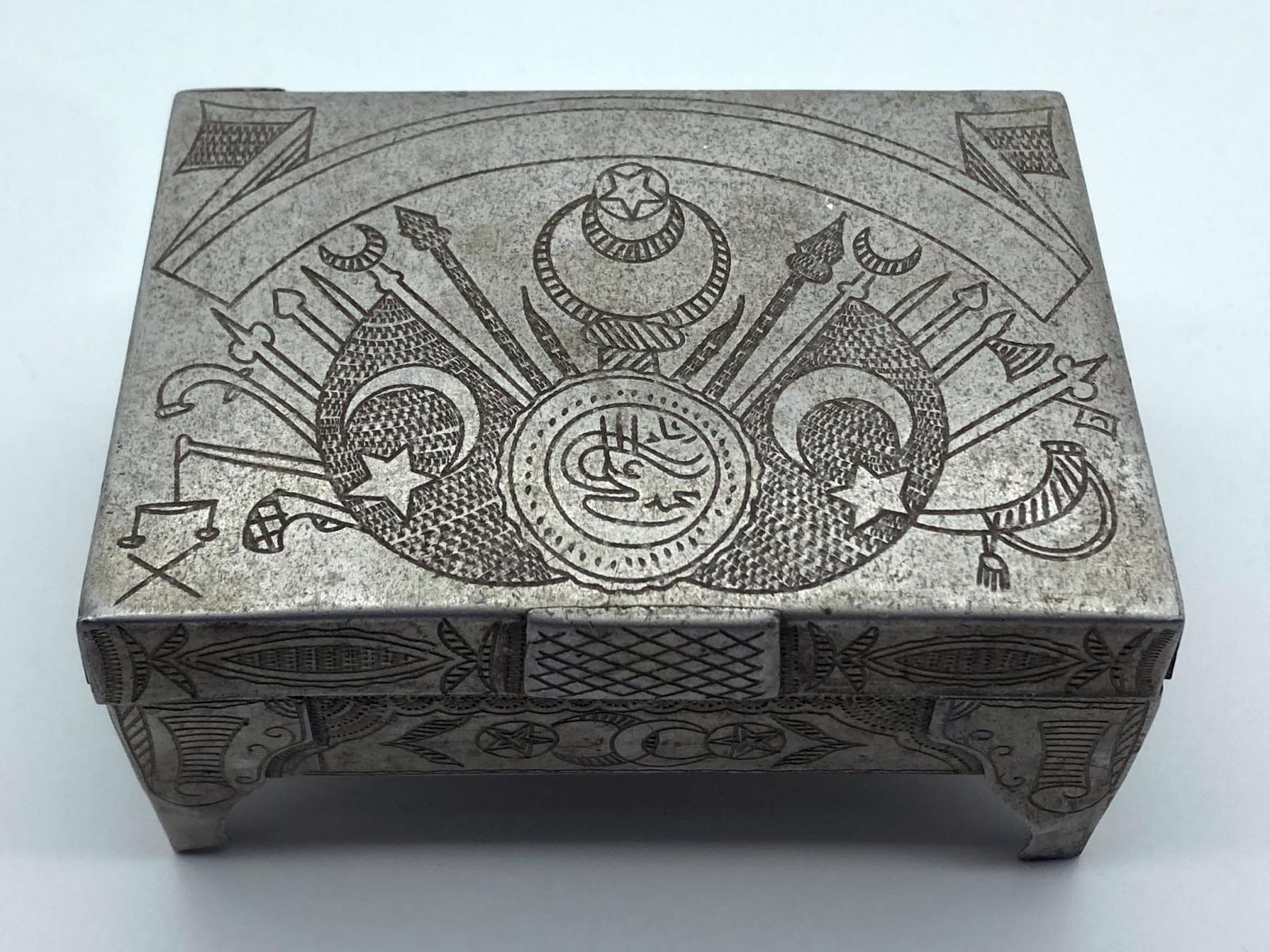 Front view of Ottoman POW trench art cigarette box