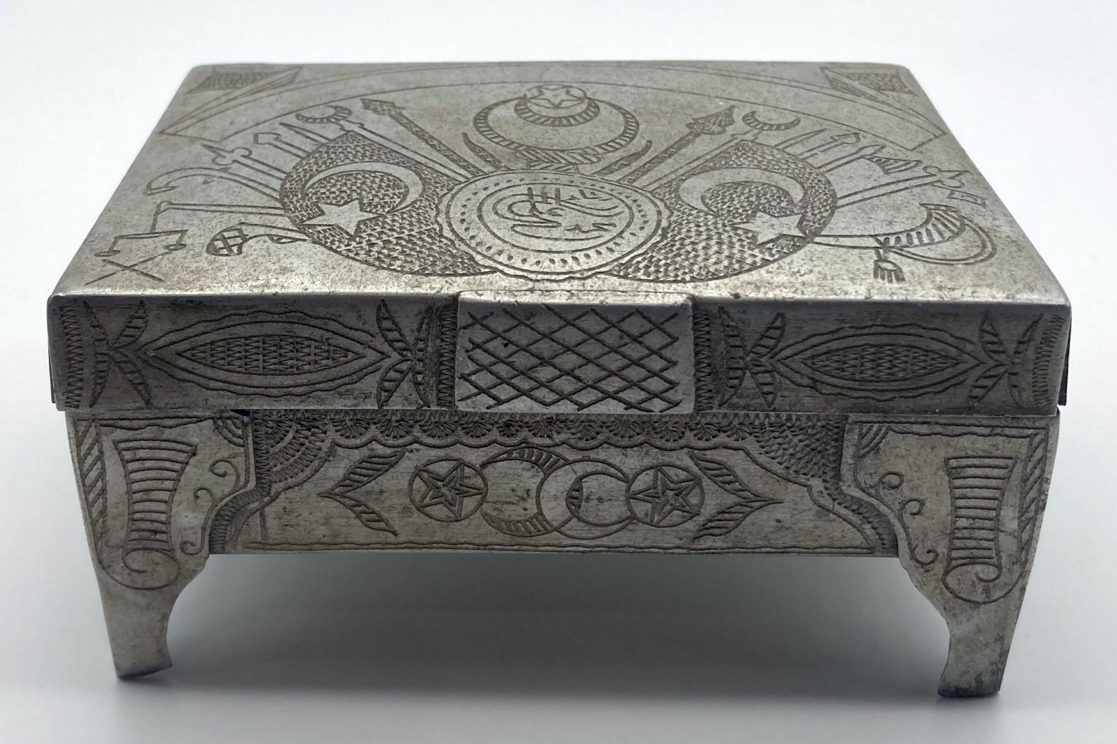 Front view of Ottoman POW trench art cigarette box