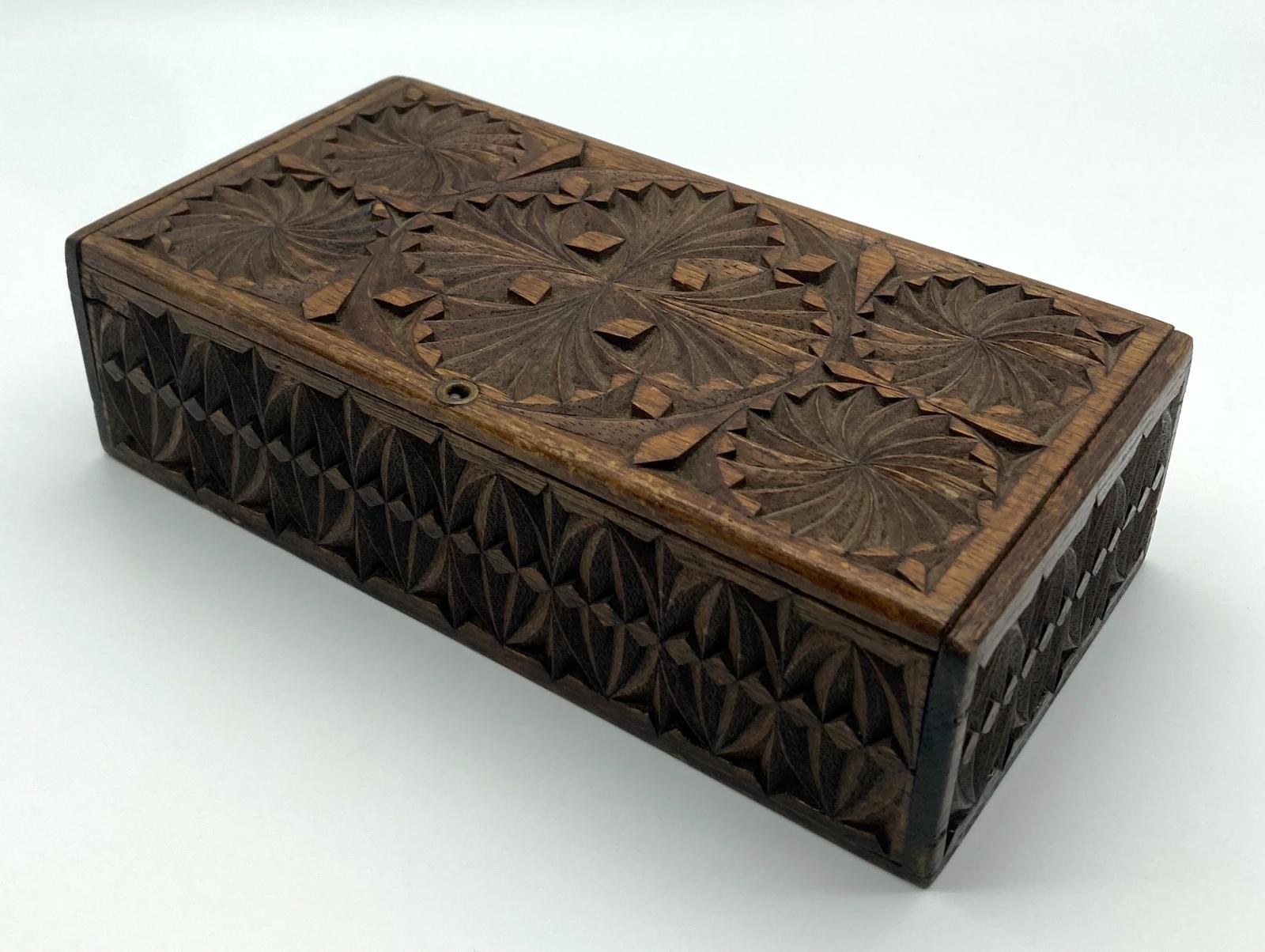 Other oblique view of chip carved cigar box made by ALH Trooper John Hodgskiss