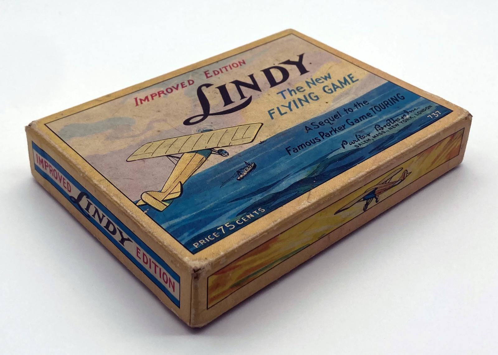 'Lindy: the new flying game' card game  - oblique view of box