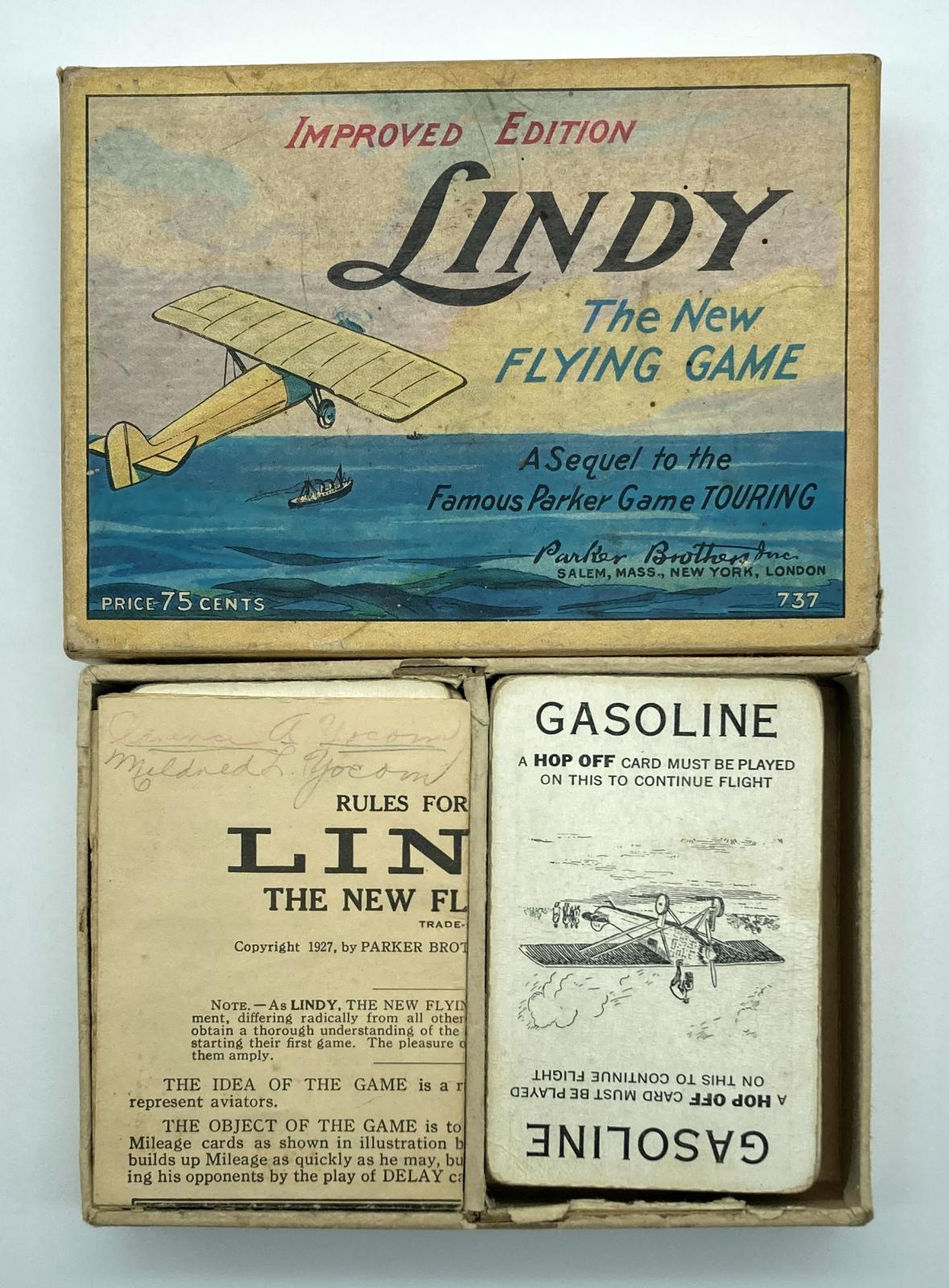 'Lindy: the new flying game' card game  - showing contents of box