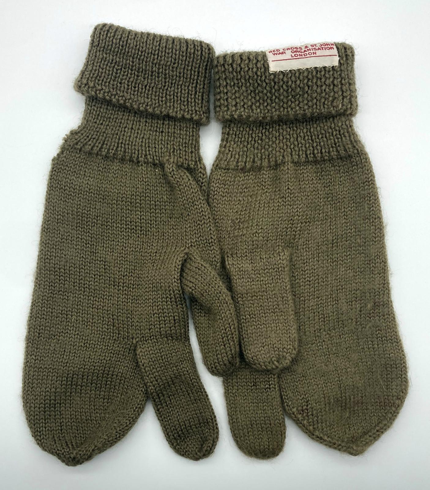 Pair of knitted mittens sent by Red Cross and St. John War Organisation London 