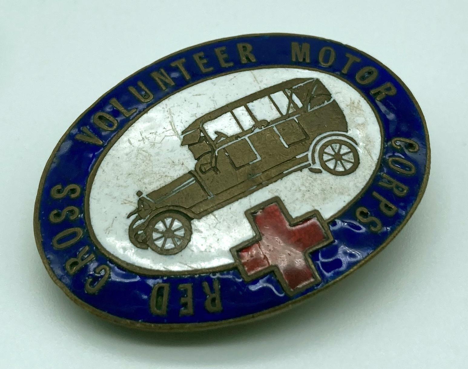 Red Cross Volunteer Motor Corps enamel badge - oblique view
