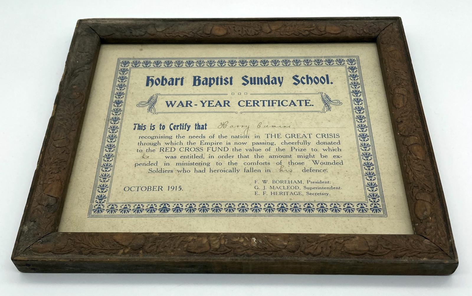 Hobart Baptist Church War-Year Certificate awarded to Harry Cumini