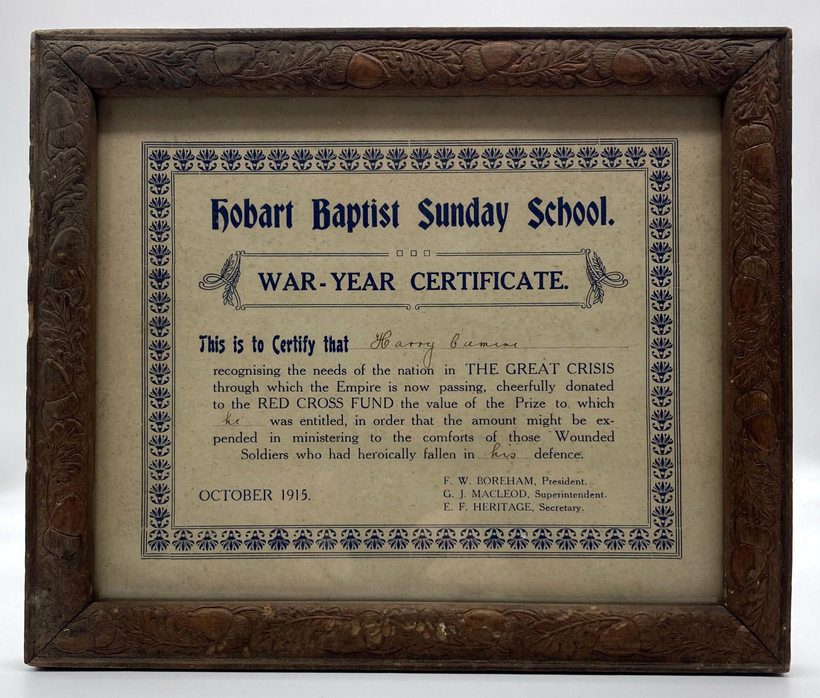 Hobart Baptist Church War-Year Certificate awarded to Harry Cumini