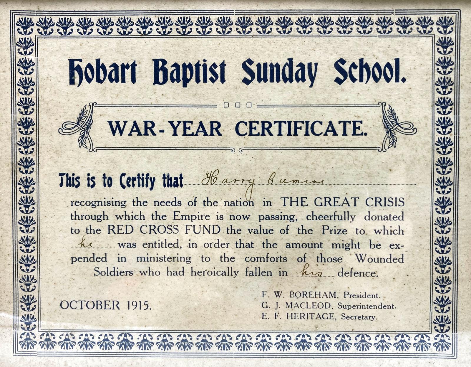 Close up of Hobart Baptist Church War-Year Certificate awarded to Harry Cumini