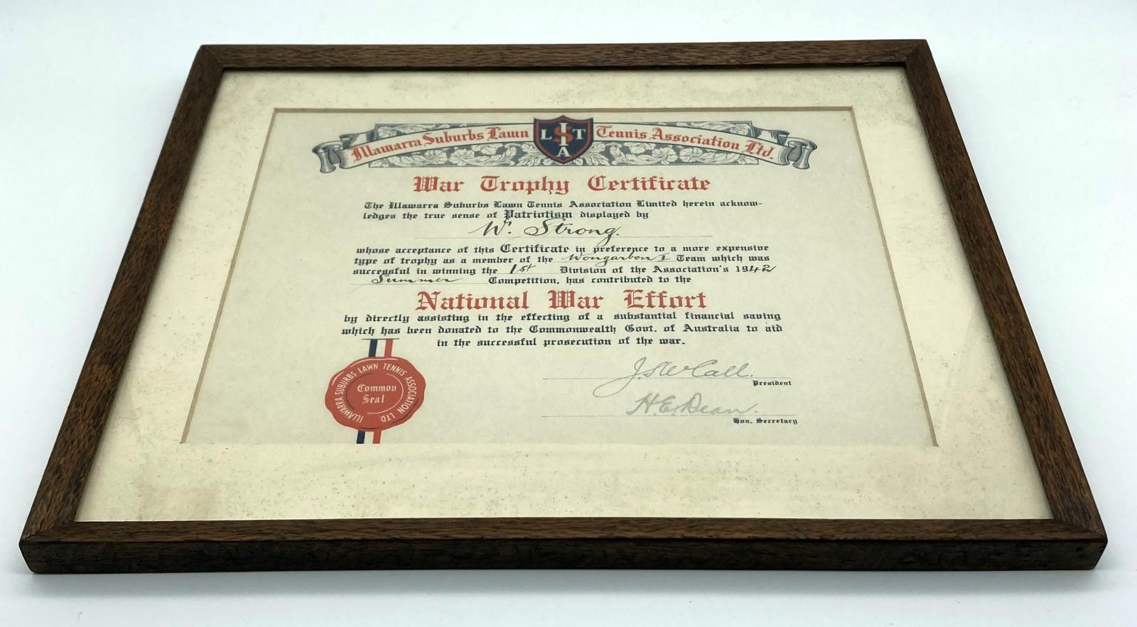 War Trophy Certificate awarded to W. Strong