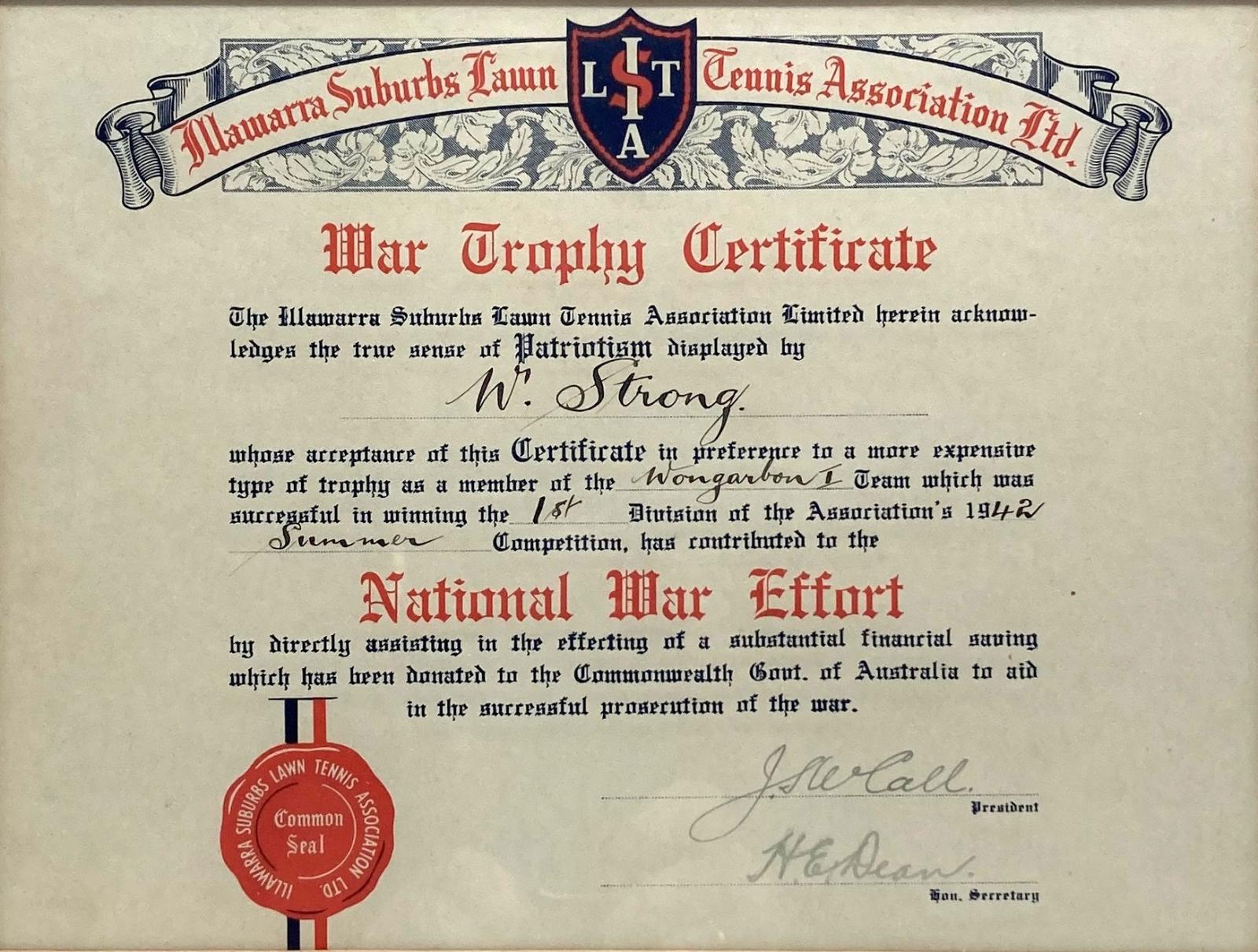 Close up of War Trophy Certificate awarded to W. Strong