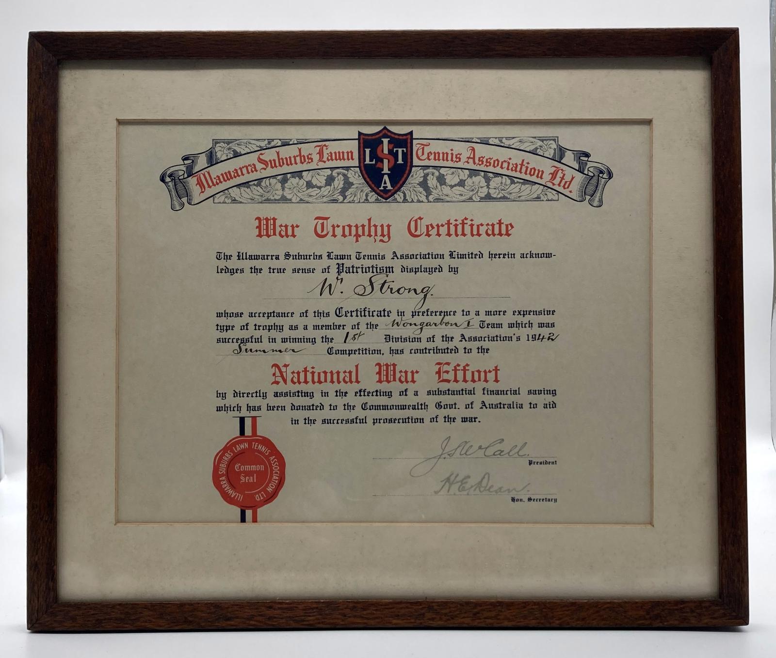 War Trophy Certificate awarded to W. Strong