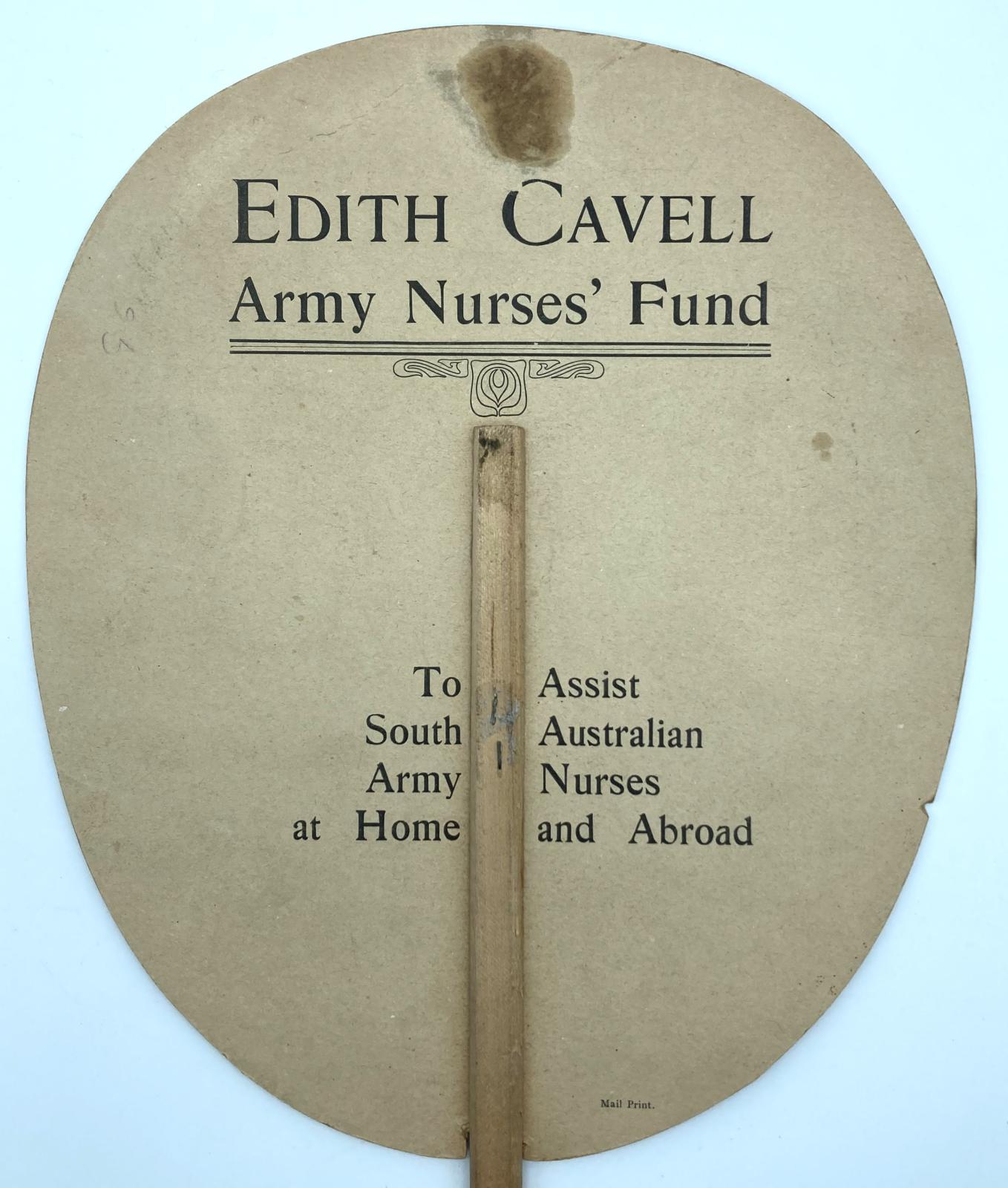 Close up of reverse of Edith Cavell Army Nurses' Fund commemorative fan