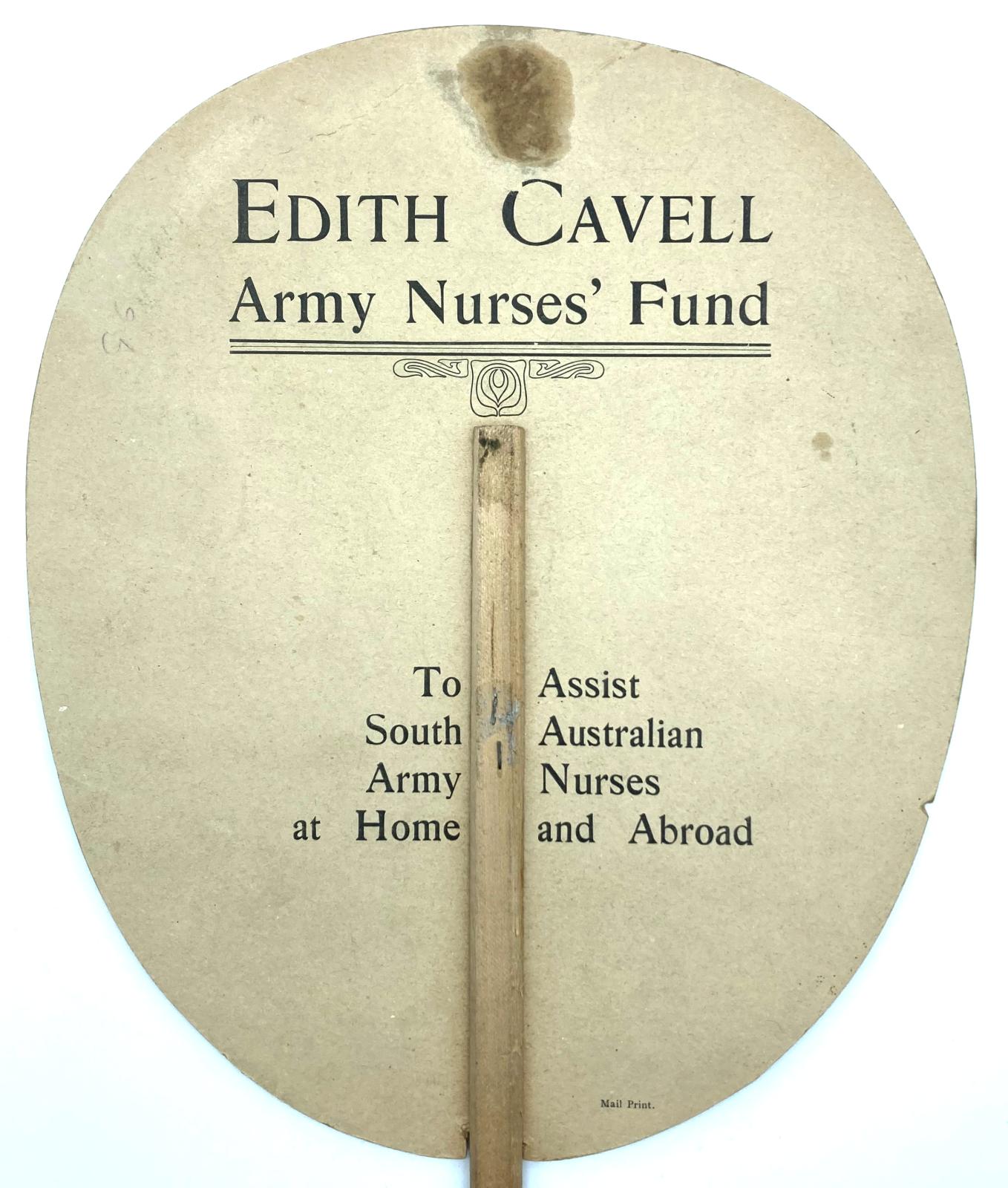 Close up of reverse of Edith Cavell Army Nurses' Fund commemorative fan