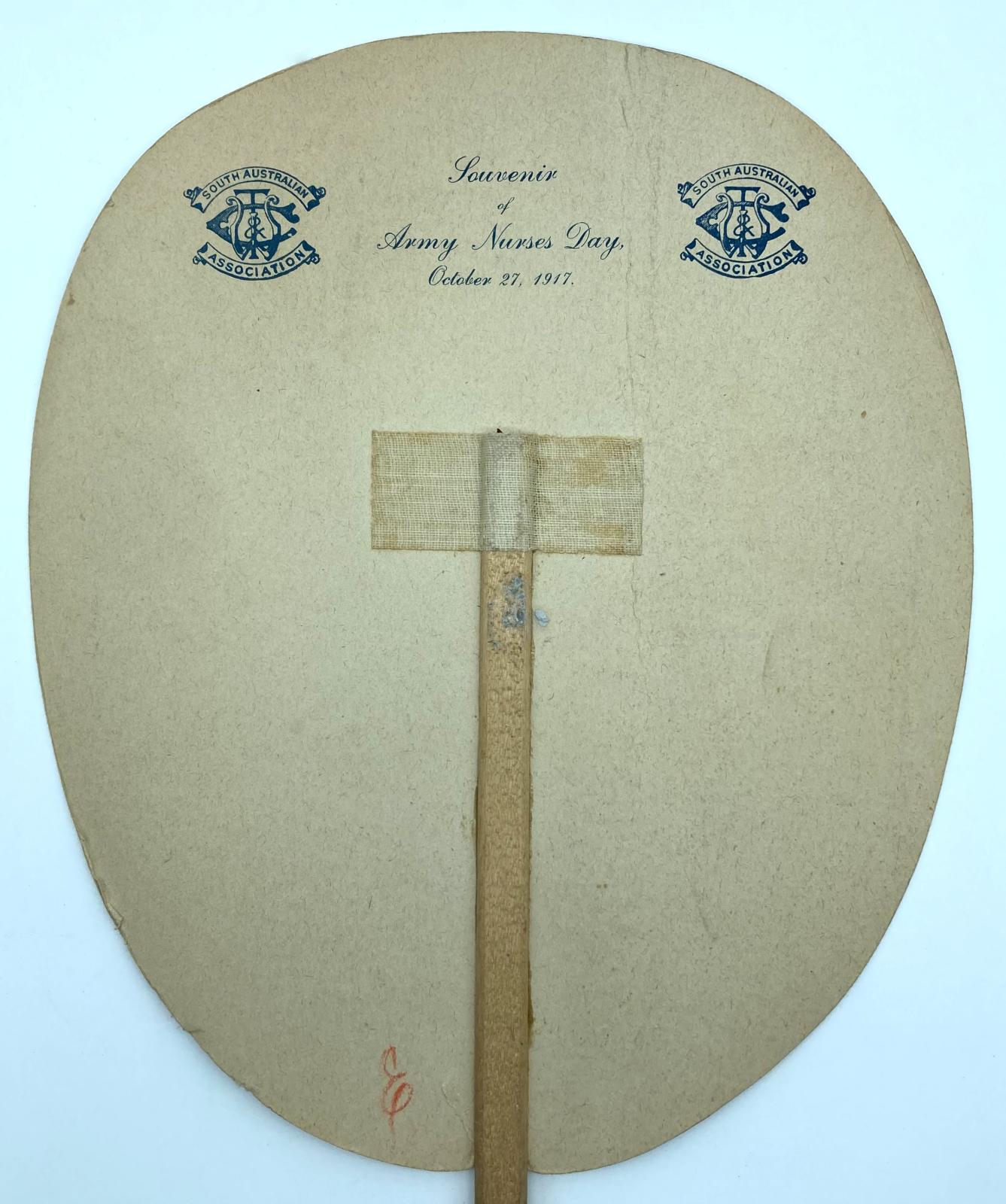 Close up of reverse of South Australian Army Nurses' Day souvenir fan 1917