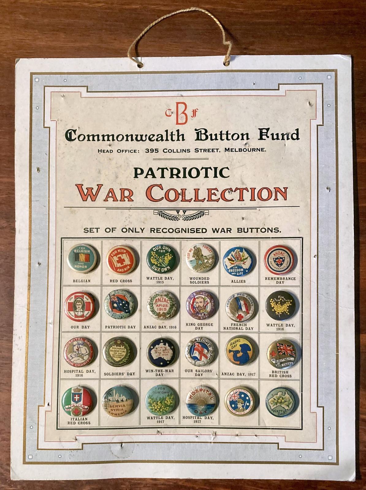 Commonwealth Button Fund display card with 24 fundraising buttons