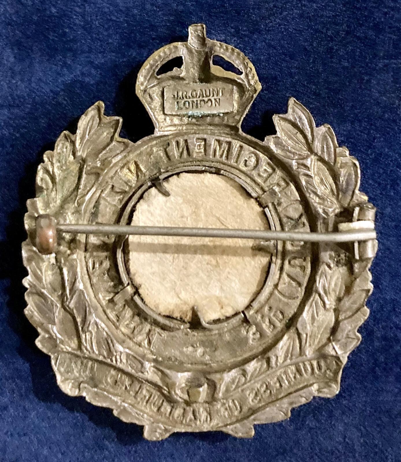 Reverse of WWI Countess of Ranfurly's Own Regiment cap badge sweetheart brooch