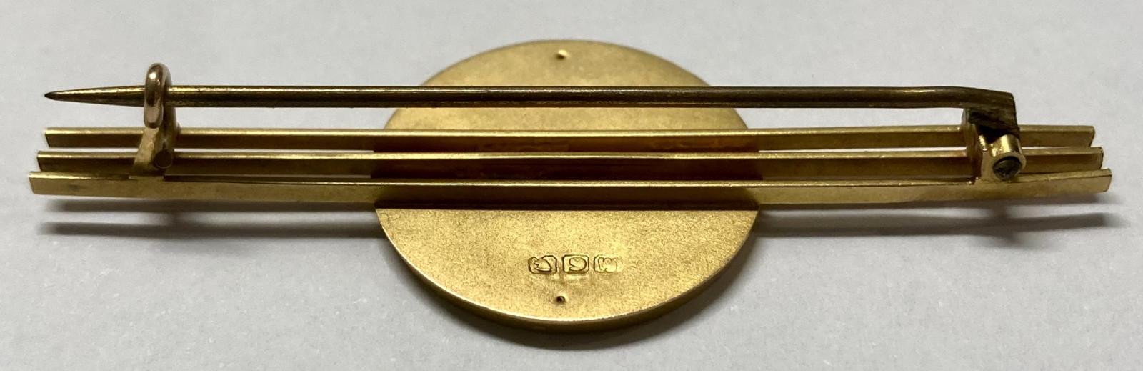 Angled reverse view of WWI era rose and yellow gold sweetheart brooch - Mary